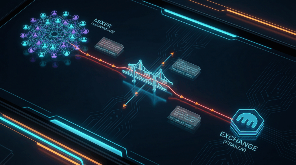 A dark, futuristic digital diagram illustrating the flow of cryptocurrency funds. On the left is an anonymous network of linked users. A red line indicates the transaction path moving toward the right, first passing through a glowing bridge labeled "MIXER (ANONYMOUS)," which obscures the transaction data, and finally terminating at a hexagonal node labeled "EXCHANGE (KRAKEN)." The image depicts the process of tracing obfuscated or laundered crypto assets.