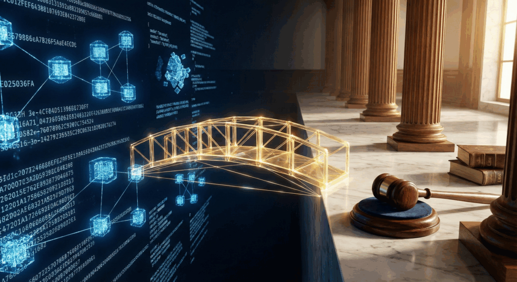 A digital-to-physical scene showing a neon-yellow, low-poly bridge connecting a wall of blue, glowing data (with blockchain/node structures) on the left, to a traditional legal setting on the right, featuring marble pillars, law books, and a judge's gavel resting on a wooden block. The image represents the transition and integration of decentralized technology into established legal frameworks.