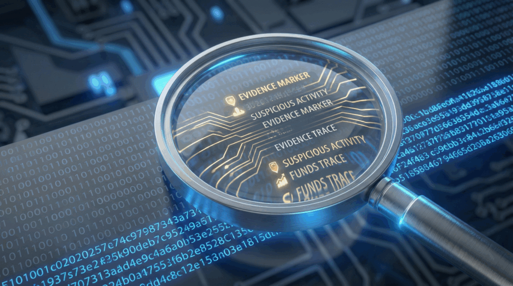 A close-up view of a magnifying glass placed over a glowing blue stream of binary code and a microchip circuit board. The magnified area clearly shows highlighted text overlays like "EVIDENCE MARKER," "SUSPICIOUS ACTIVITY," "EVIDENCE TRACE," and "FUNDS TRACE." The image represents digital forensics, cybersecurity investigation, and the process of tracing illegal or suspicious activity within digital data.