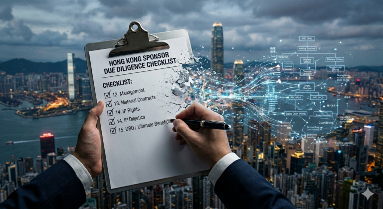 A person holding a physical "Hong Kong Sponsor Due Diligence Checklist" against the Hong Kong skyline. The edge of the paper is disintegrating into a glowing digital network of data points, including entity structures, supply chain maps, and regional locations like Guangdong and Shenzhen.