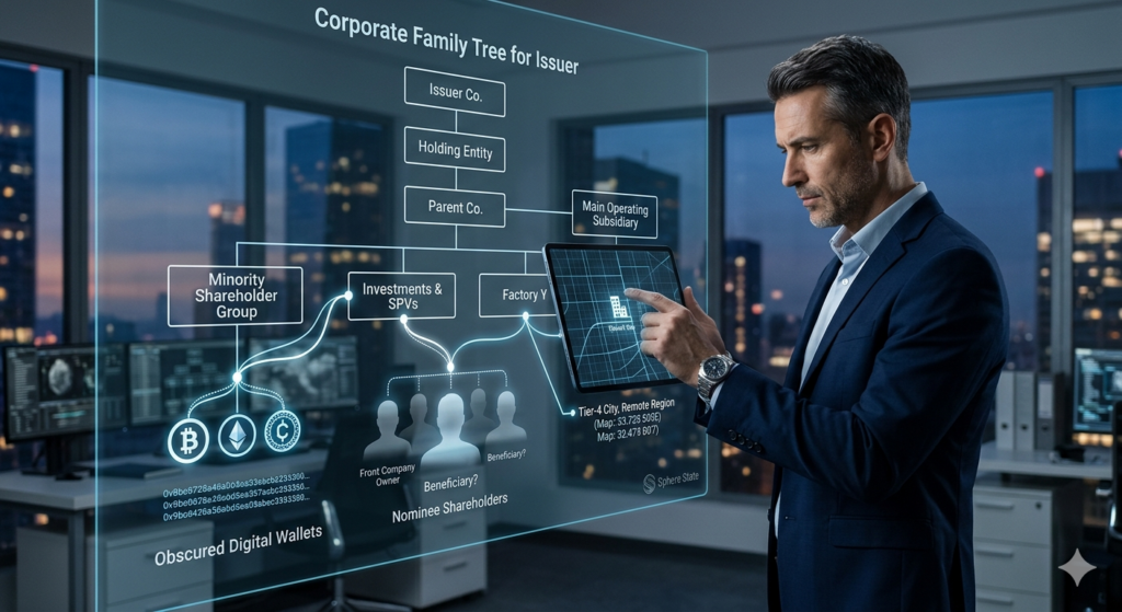 A professional investigator in a modern office interacts with a holographic "Corporate Family Tree for Issuer." The display maps out complex layers including holding entities, offshore subsidiaries, nominee shareholders, and obscured digital wallets containing Bitcoin and Ethereum.