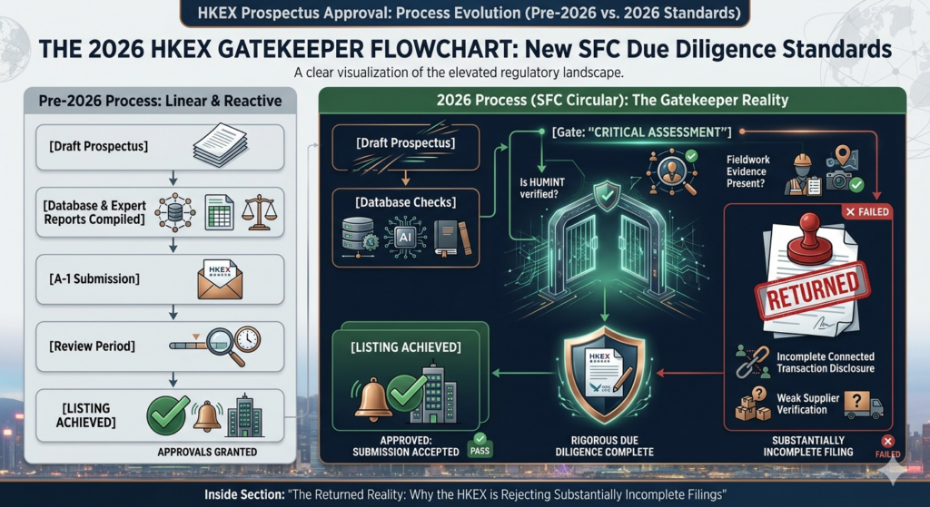 A side-by-side comparison flowchart showing the HKEX Prospectus Approval process before 2026 versus the new 2026 SFC Due Diligence Standards. The pre-2026 side shows a linear progression, while the 2026 side emphasizes a "Critical Assessment" gate involving HUMINT verification and fieldwork evidence.